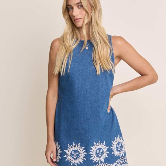 Nobody's Child X Elizabeth Scarlett Denim Cutwork Detail Mini Shift Dress Blue