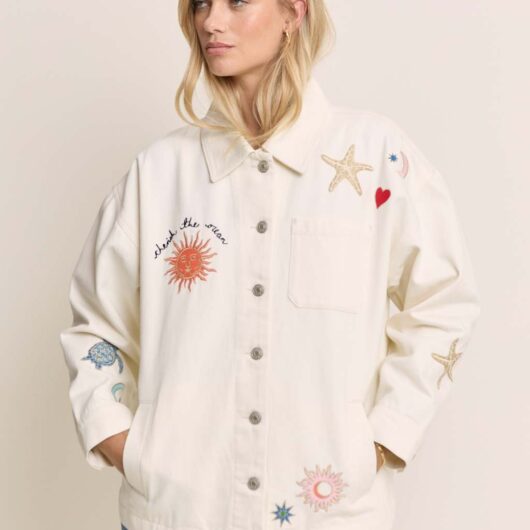 Nobody's Child X Elizabeth Scarlett Denim Embroidered Shacket Cream