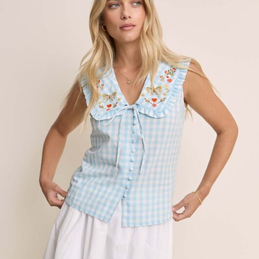 Nobody's Child X Elizabeth Scarlett Pure Cotton Checked Tie Neck Blouse Blue