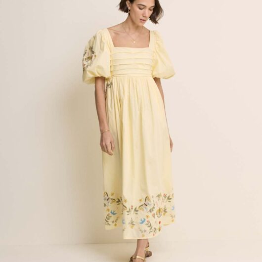 Nobody's Child X Elizabeth Scarlett Pure Cotton Embroidered Midaxi Smock Dress Yellow