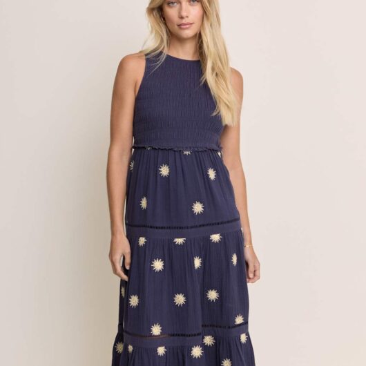 Nobody's Child X Elizabeth Scarlett Pure Cotton Embroidered Midaxi Tiered Dress Blue