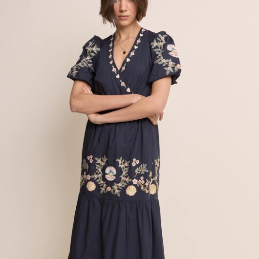 Nobody's Child X Elizabeth Scarlett Pure Cotton Embroidered Midi Tiered Dress Blue